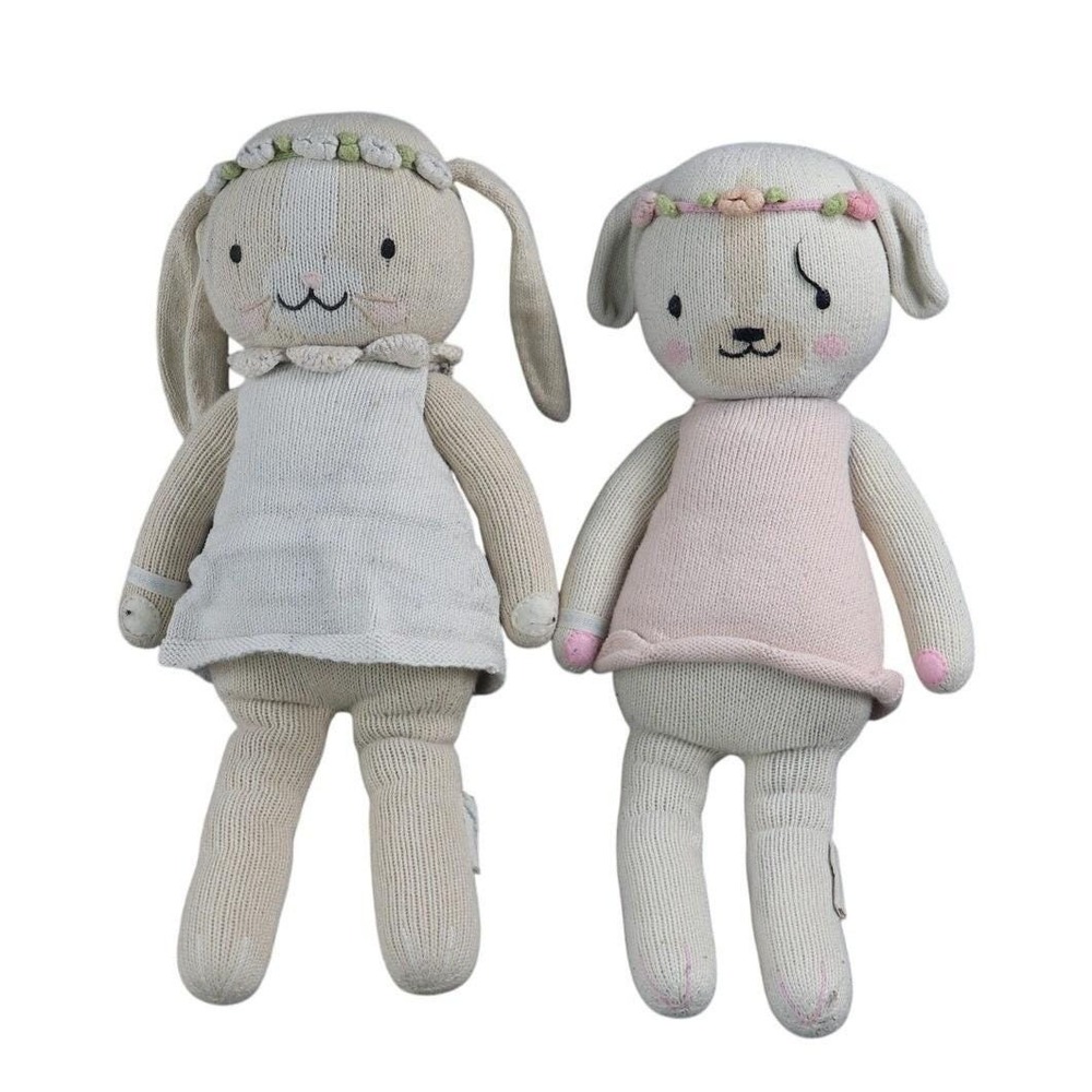 Cuddle + Kind 2 Piece Rag‎ & Cloth Bunny Doll Set Pink Cream Peru Handmade